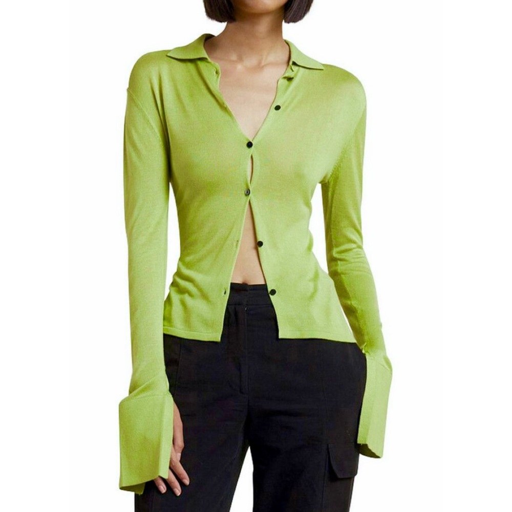 COMMENSE • Lime Green Exaggerated Long Sleeve Collared Button-Down Shirt, S